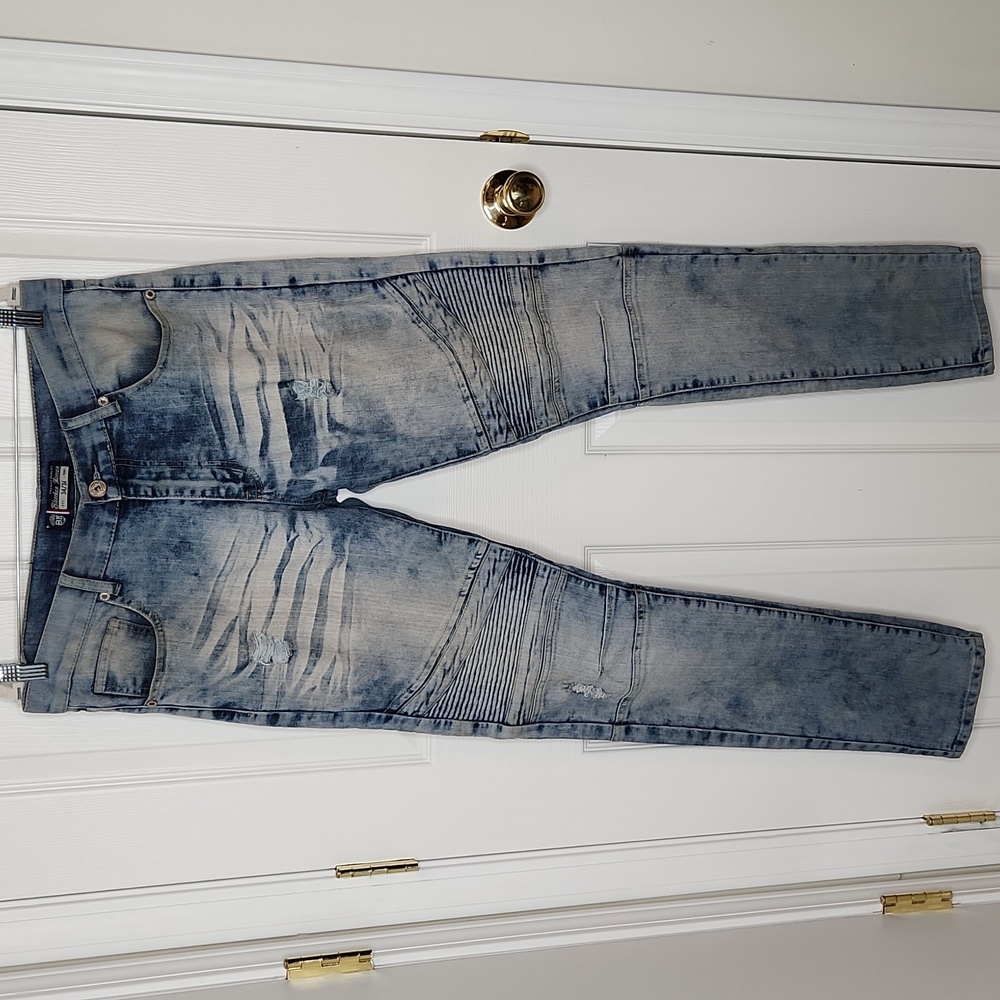 Men's Bleeker & Mercer moto skinny jeans lightwash distressed size 34 streetwear